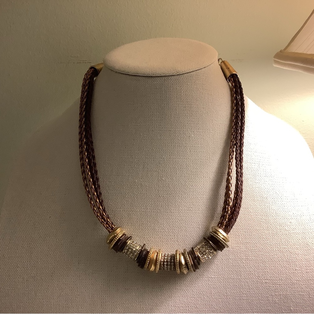 Vintage Chico’s dark brown braided leather necklace with charms.